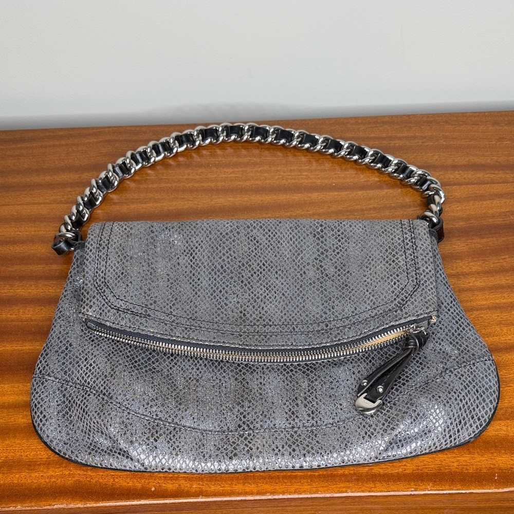 B. Makowsky Genuine Leather Silver Chain Handle Shoulder Bag